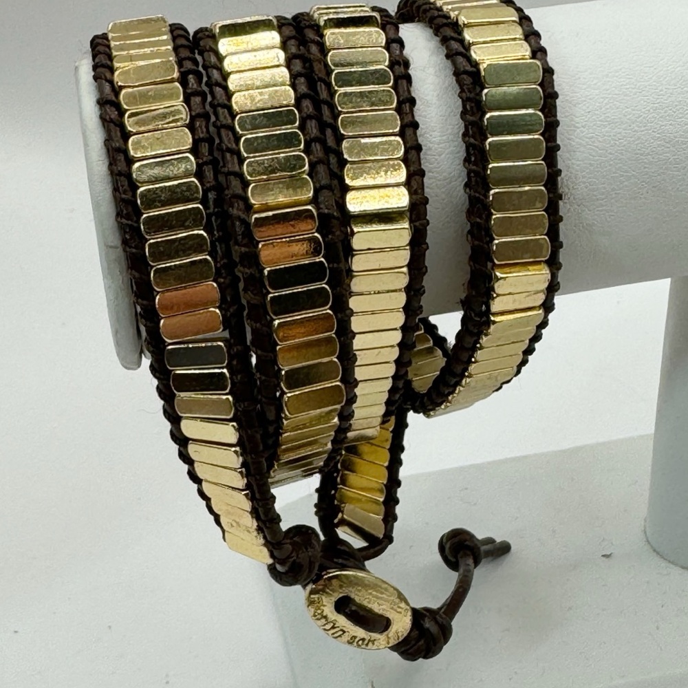 Marlyn Schiff gold tone bar bead brown leather wrap bracelet